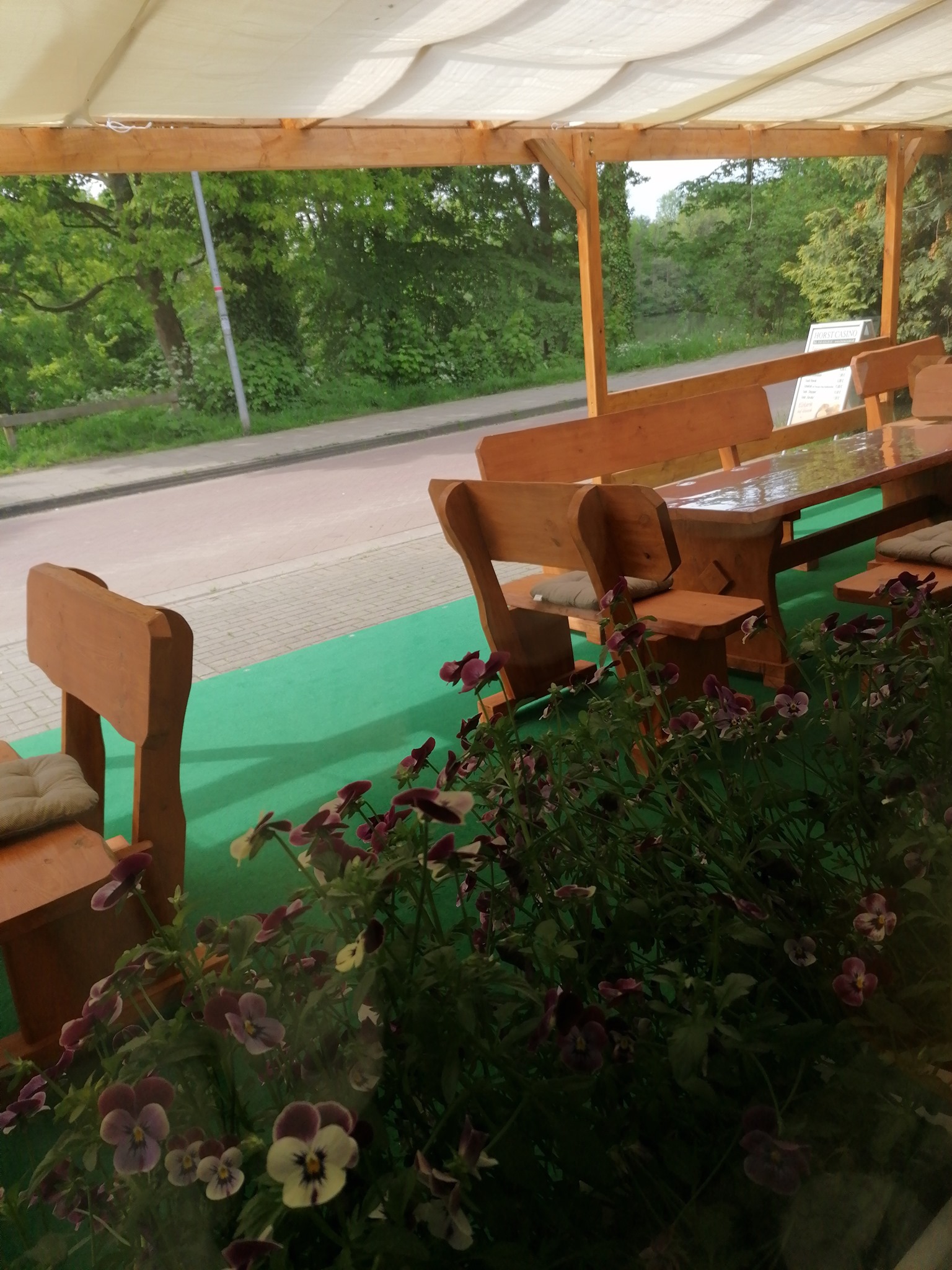 Terrasse mit Holzbänken und Stiefmütterchen